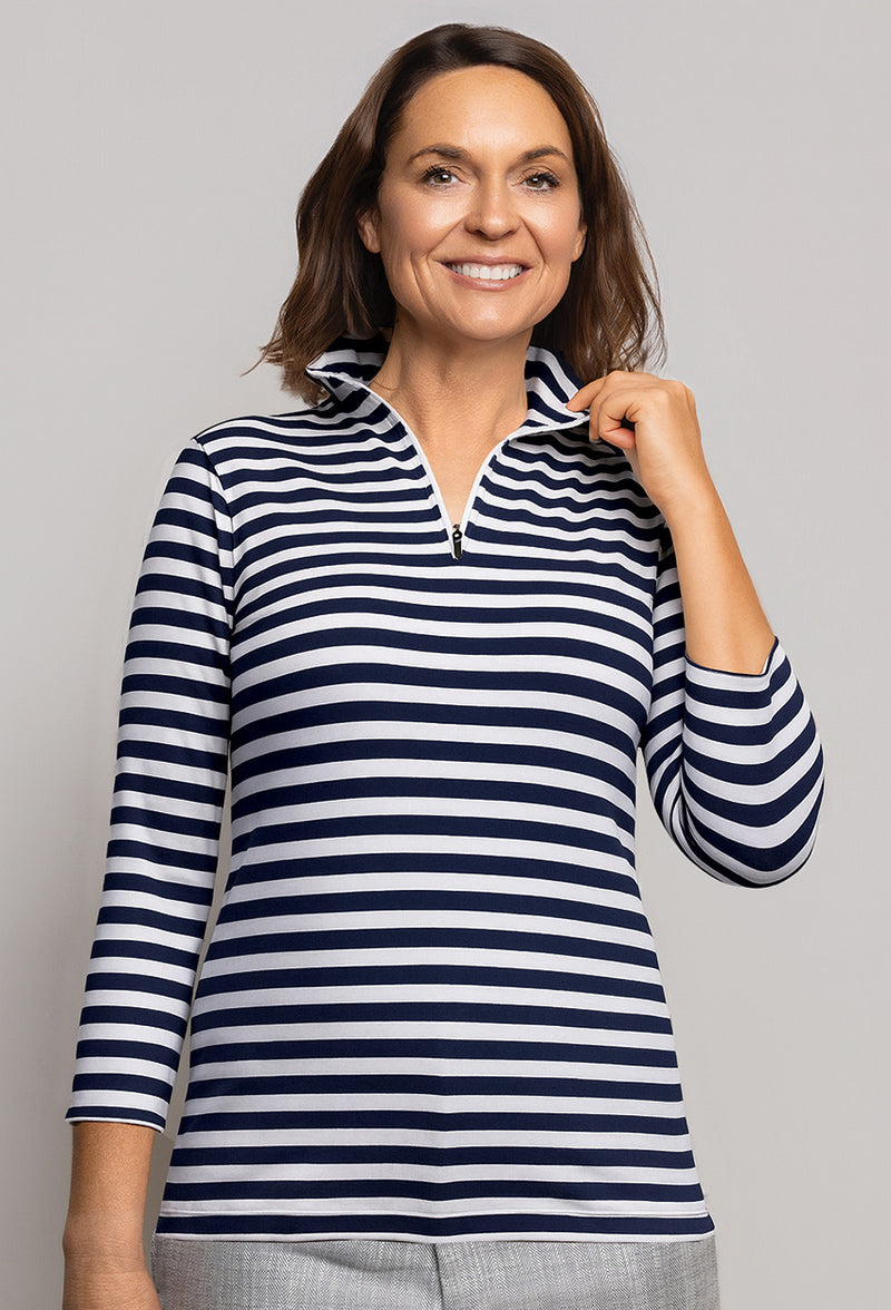 1/2 Zip Turtleneck 3/4 Sleeve Stripe